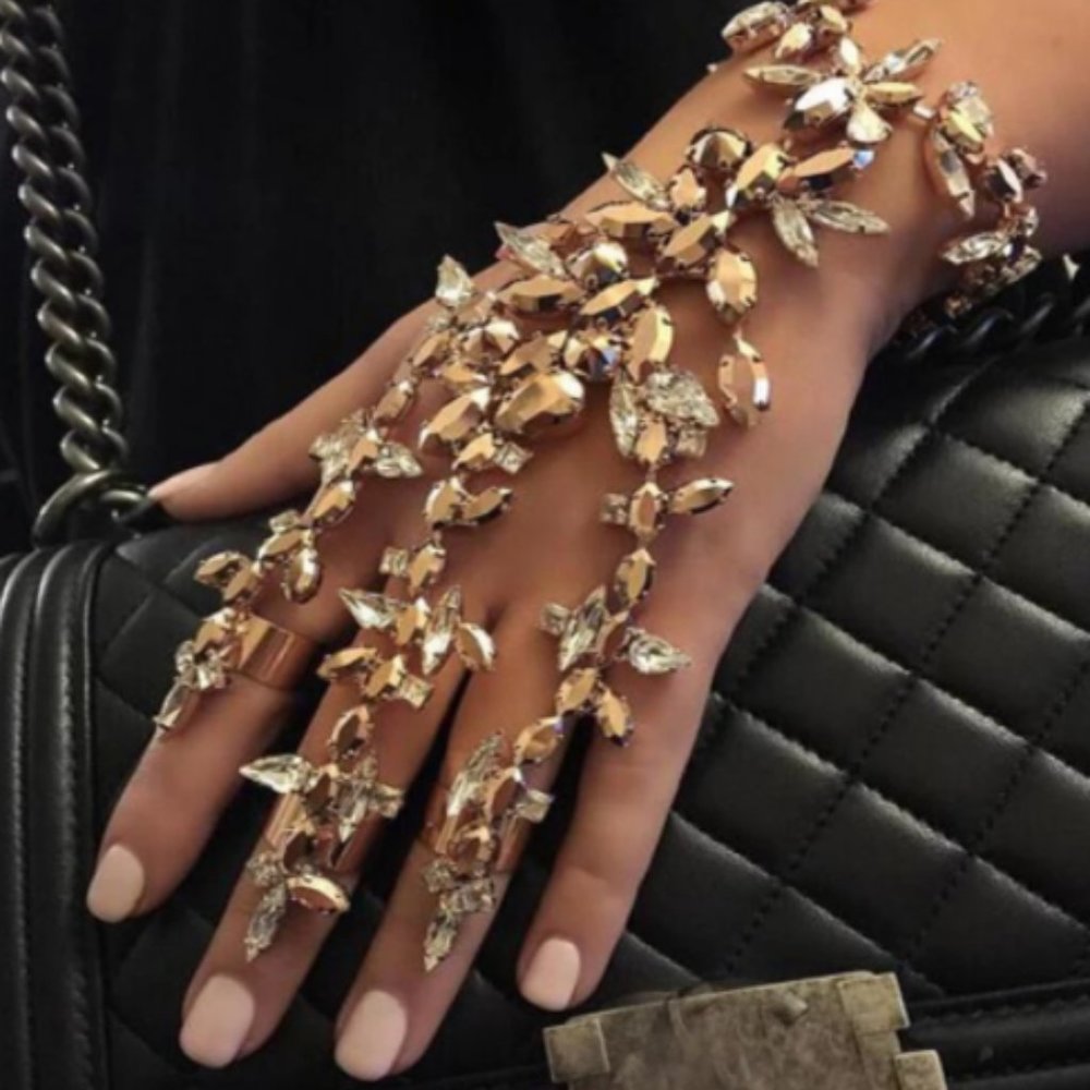 Gold & Rhinestone 3-Ring Hand Chain - Picture 1 of 2